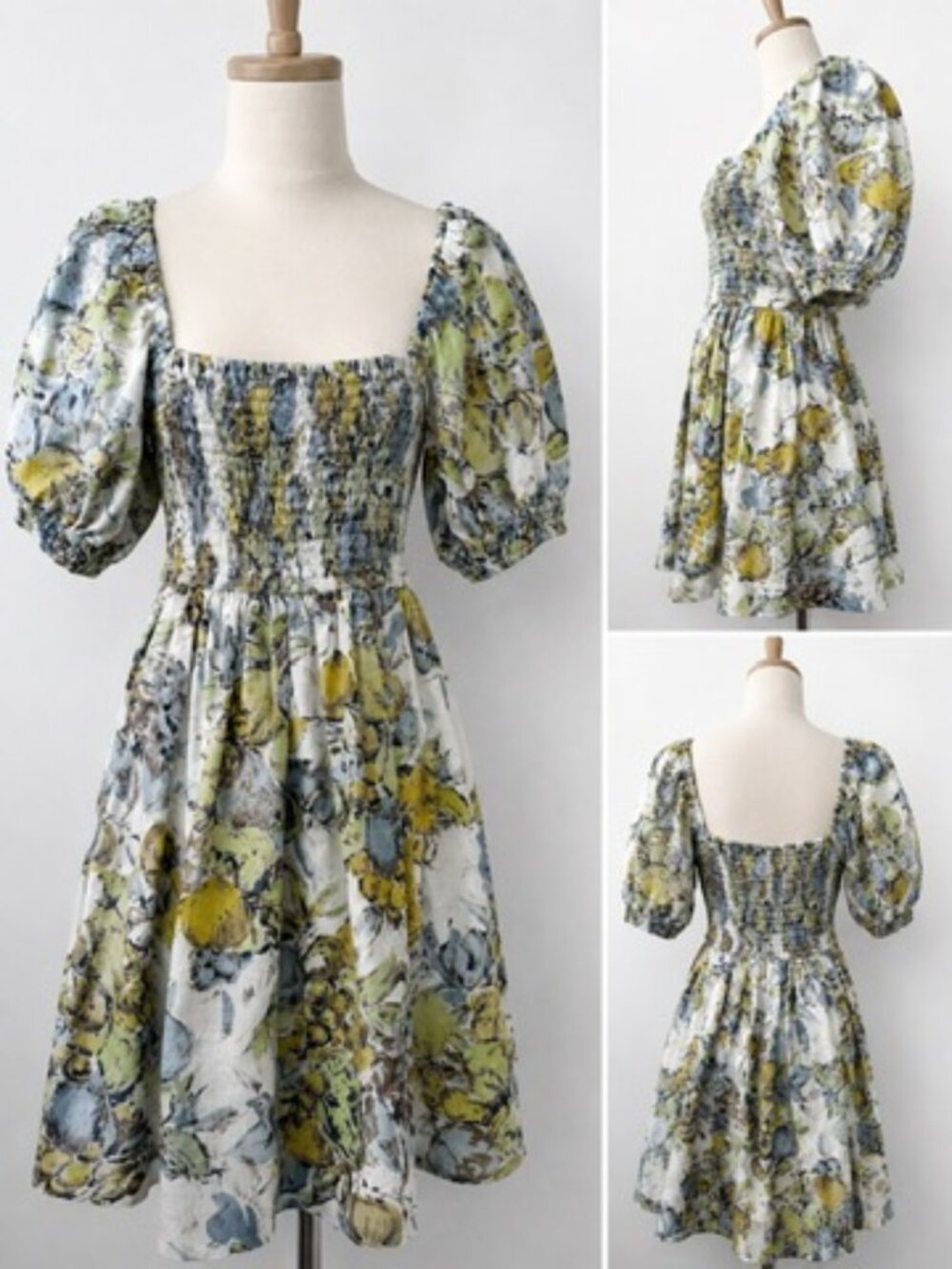 POSSE XS 100% Linen Fruit Print Smocked Puff Sleeve Mini Dress